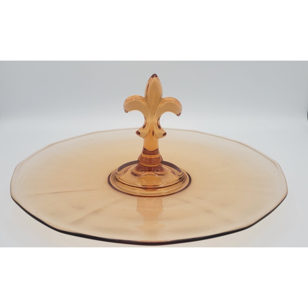 Fostoria Glass Amber Fleur-de-lis Tidbit Cupcake Tray Vintage 11.5 Round Fairfax